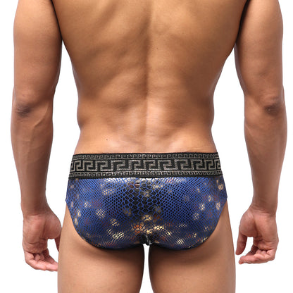 Blue snakeskin-patterned mens briefs with black greek key border waistband metroMalewear special edition aladdin swim brief