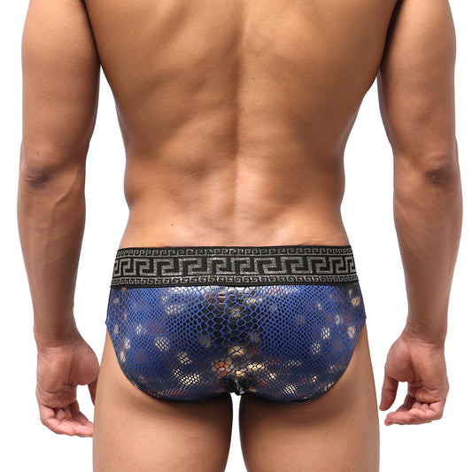 Blue snakeskin-patterned mens briefs with black greek key border waistband metroMalewear special edition aladdin swim brief