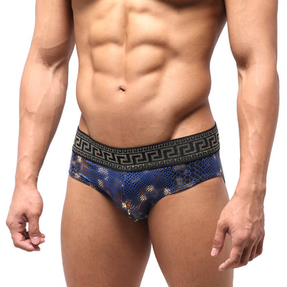 Blue lace briefs with black greek key waistband and metallic gold accents from metromalewear special edition swim brief