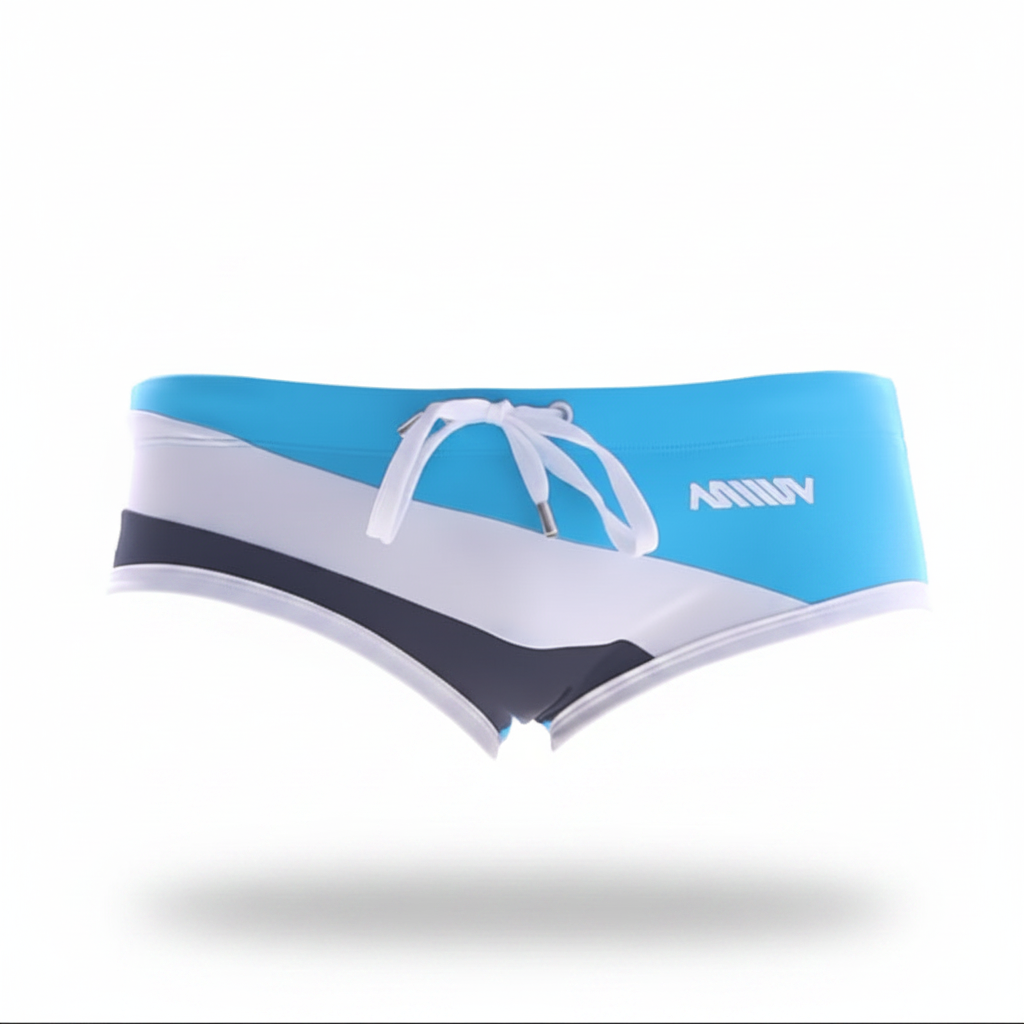 MetroMaleWear wave swim brief in turquoise with blue white and black stripes and a drawstring waistband