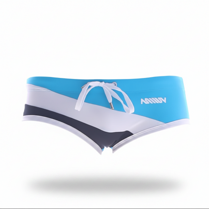MetroMaleWear wave swim brief in turquoise with blue white and black stripes and a drawstring waistband