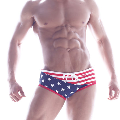 Metro male wear wave swim brief patriot 4918-90 featuring red white and blue american flag-themed star pattern front panel