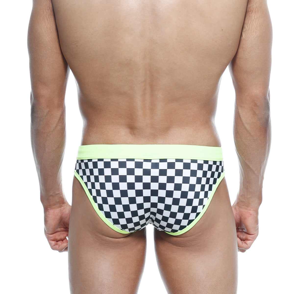 Black and white checkered swim bikini with neon lime green waistband from MetroMaleWear Mosaic 4920-41 collection