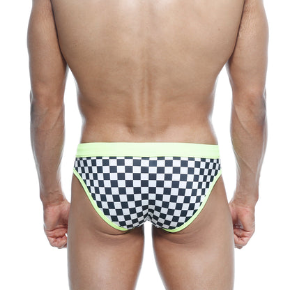 Black and white checkered swim bikini with neon lime green waistband from MetroMaleWear Mosaic 4920-41 collection