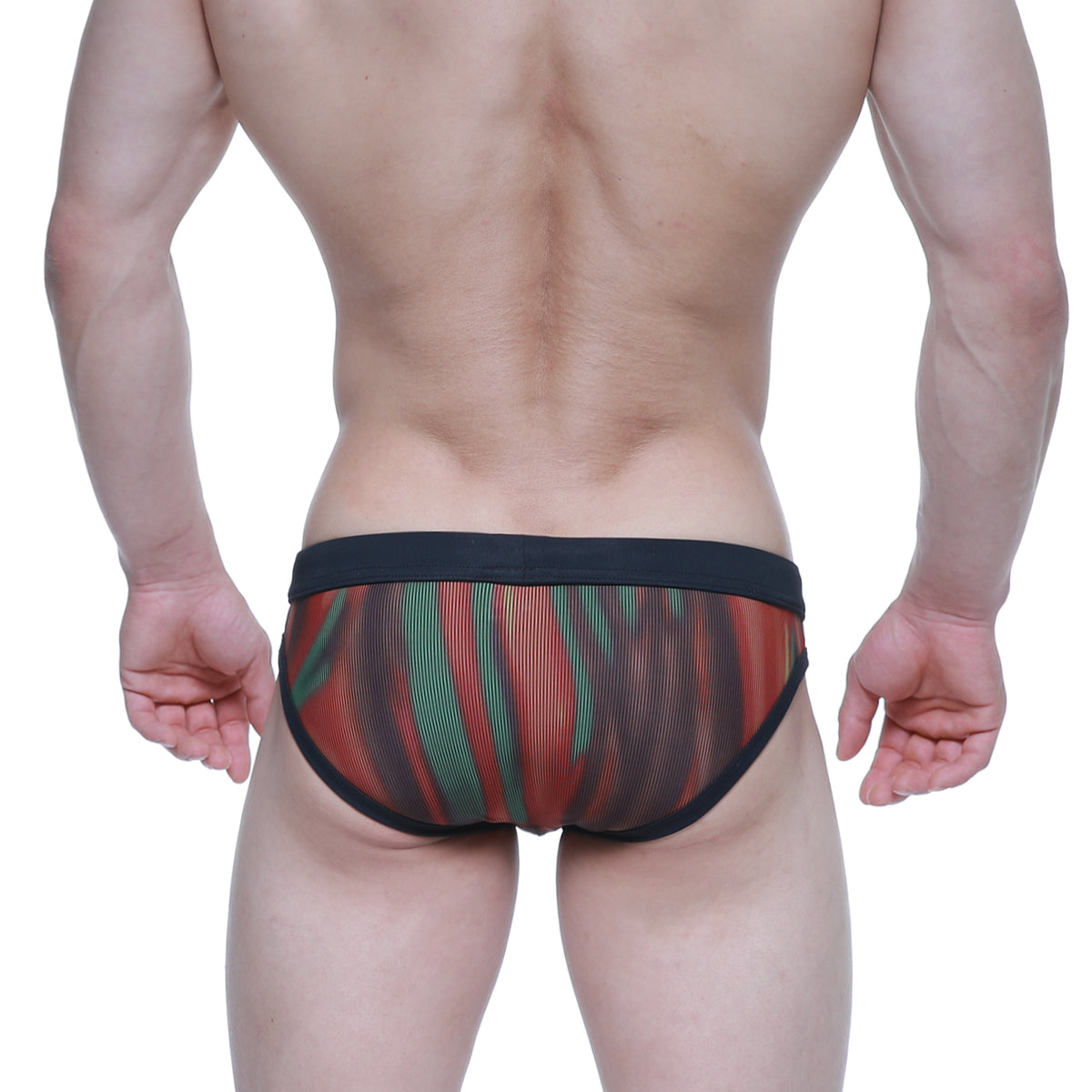 MetroMaleWear swim bikini fire 4920-70 red and green striped mesh briefs with black elastic waistband