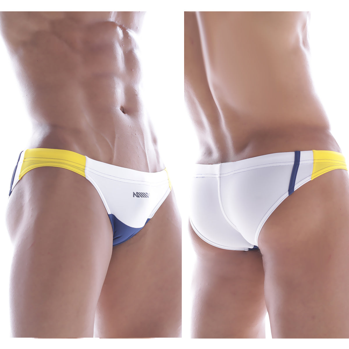 MetroMaleWear California swim bikini white 4921-00 sleek white yellow and navy blue swim trunks for men
