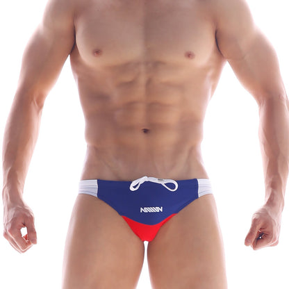 MetroMaleWear California swim bikini navy 4921-28 featuring blue and red swim trunks with white side panels and matching drawstring