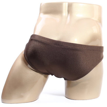 Brown shiny fabric briefs swim bikini by metromalewear santorini gold 4921-s21 displayed on a mannequin