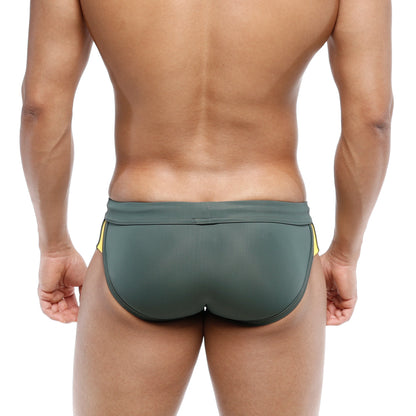 Dark green metro malewear swim brief campus 4923-42 with yellow side stripes designed for swim use