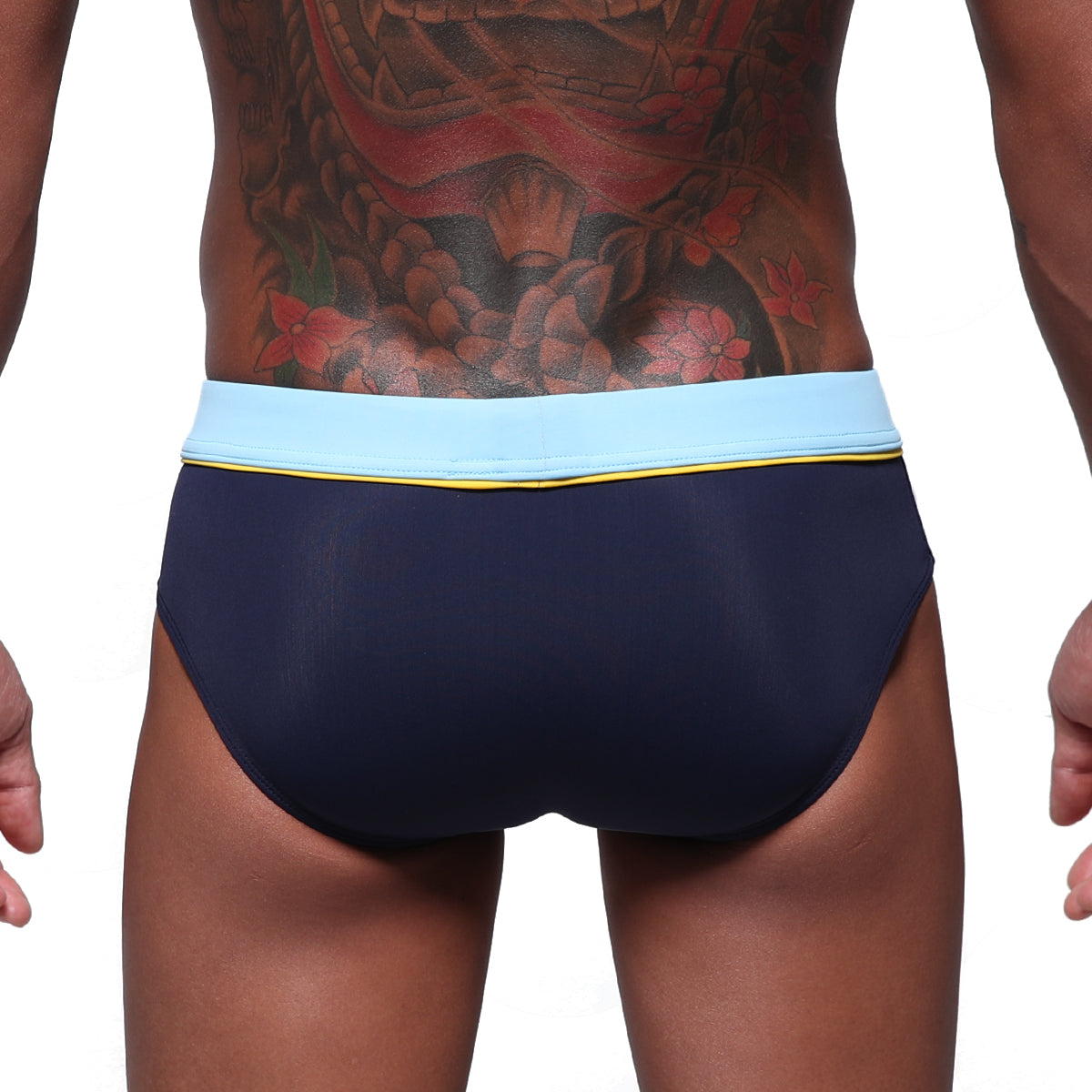Navy blue MetroMaleWear Bing Sport swim brief with light blue waistband and yellow trim designed for active swimming
