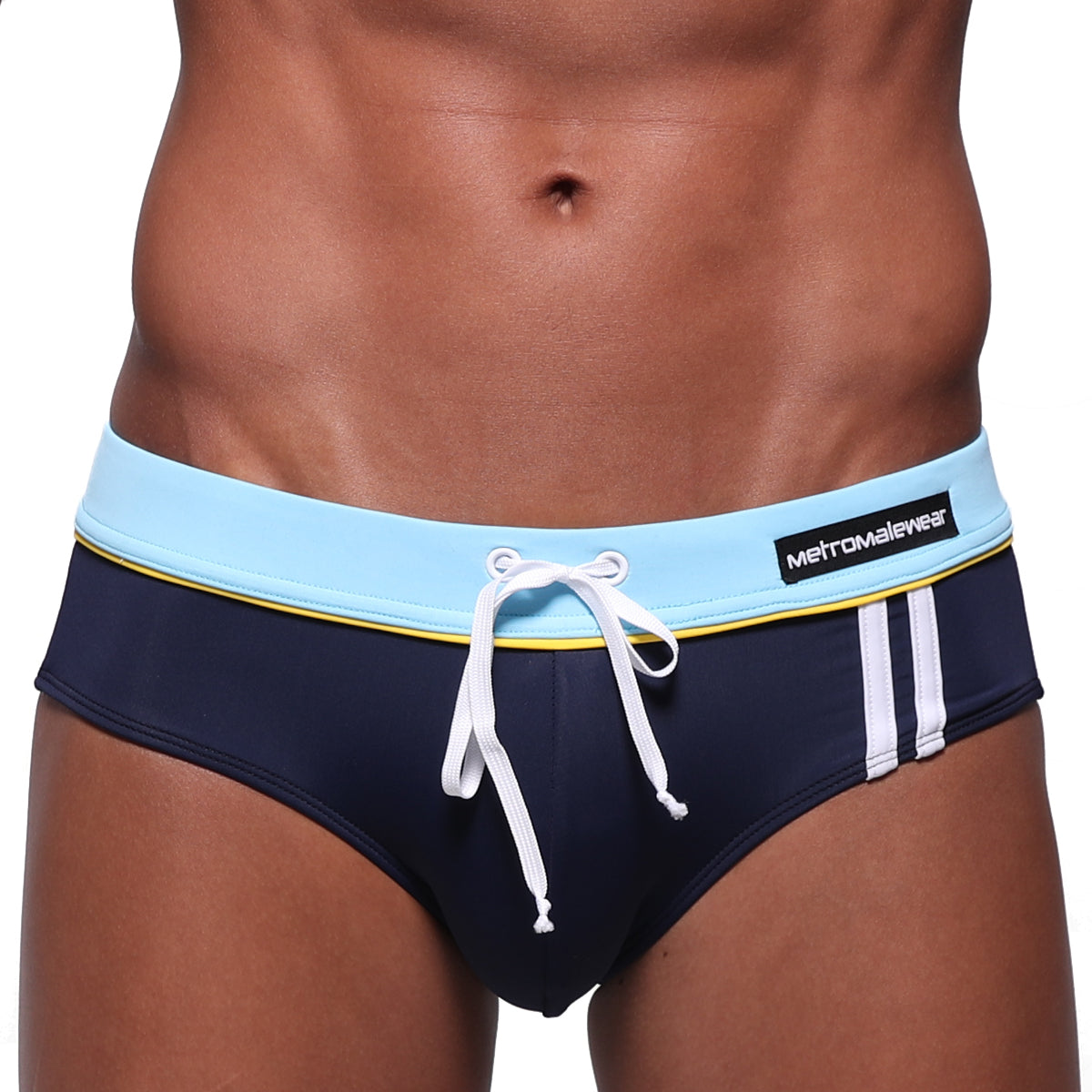 MetroMaleWear Bing sport swim brief navy 4924-02 with navy blue fabric, light blue waistband, white drawstring, and side stripes