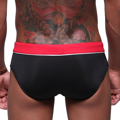 MetroMaleWear Bing Sport swim brief black with vibrant red waistband and thin white trim suitable for swimming