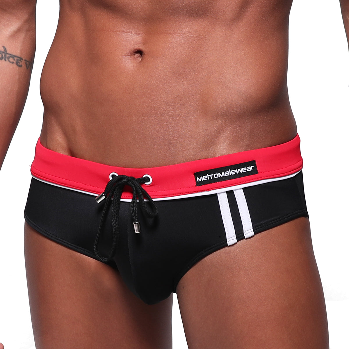 Black swim trunks with red waistband white side stripes and drawstring ties by metromalewear bing sport