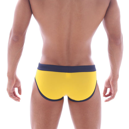 MetroMaleWear deporte swim brief yellow bright yellow swim trunks with navy blue waistband and trim for swimming