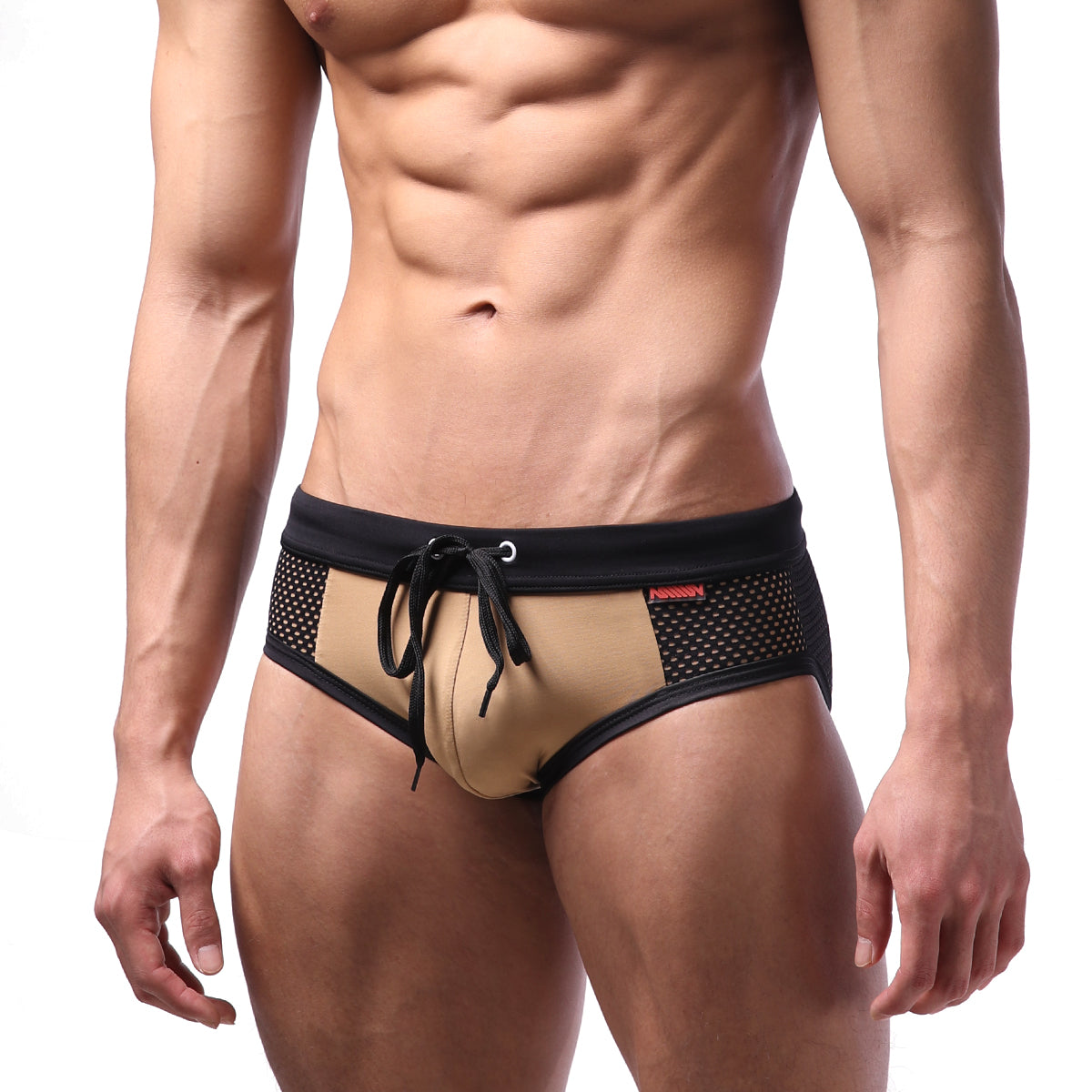 Tan and black mesh swim trunks with drawstring waistband from metromalewear layered swim brief gold 4924-22