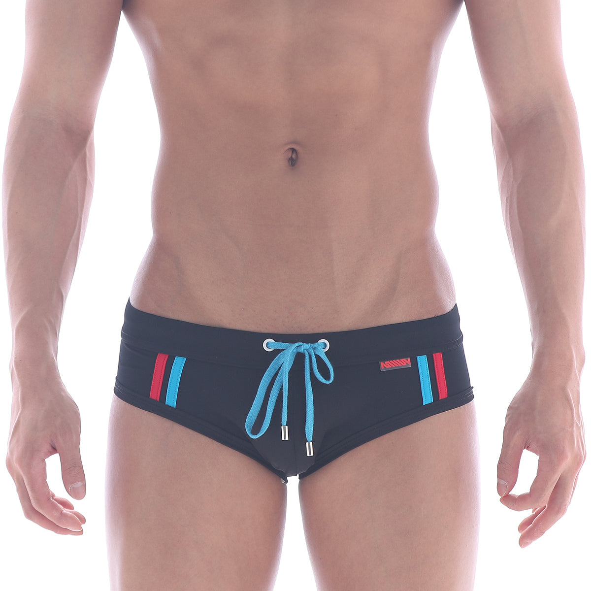 MetroMaleWear Europa swim brief black with vibrant blue and red side stripes and matching light blue drawstring bow