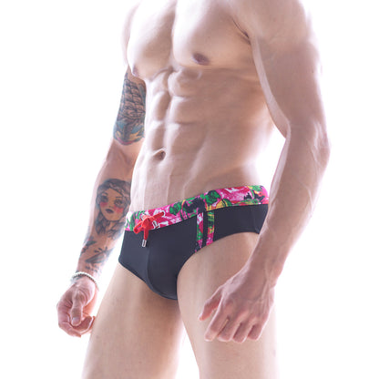 MetroMaleWear flora swim brief black with vibrant colorful floral pattern on waistband and side panels