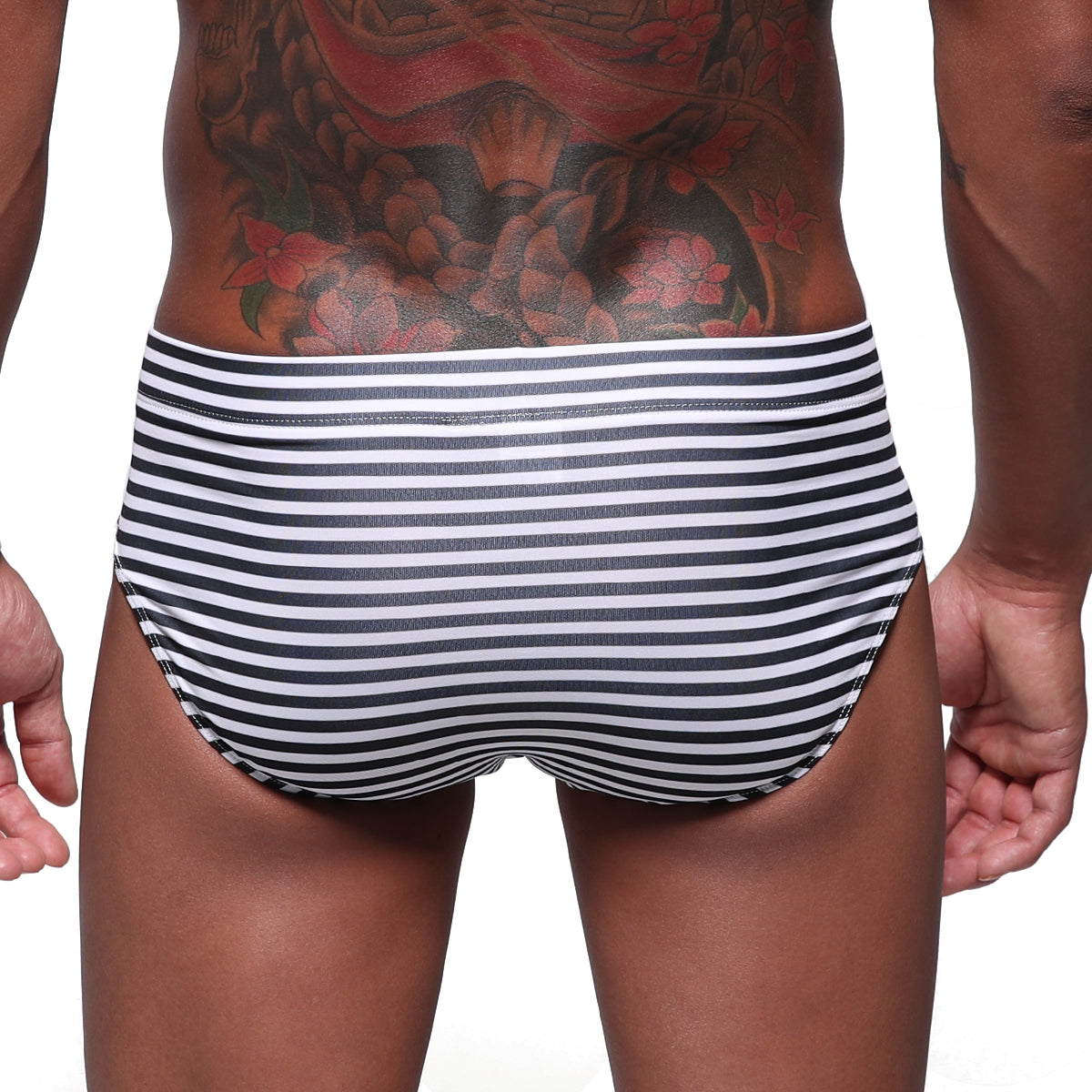 Black and white striped snug fit men’s swim trunks metroMalewear stripe swim brief black 4928-03