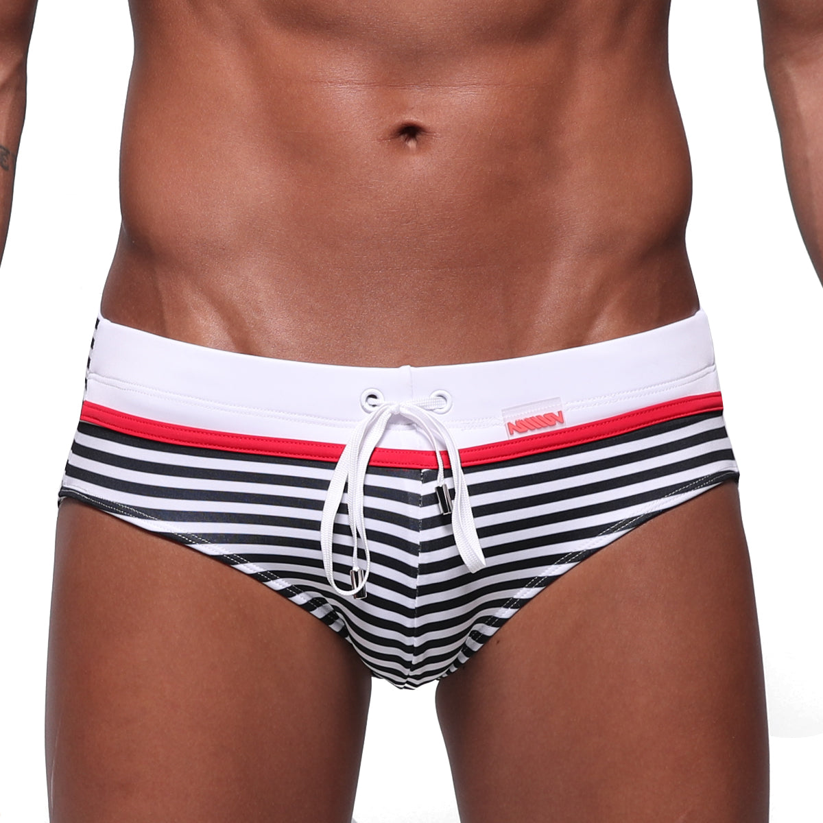 MetroMaleWear stripe swim brief white 4928-02 features black and white stripes with red accent and white drawstring waistband