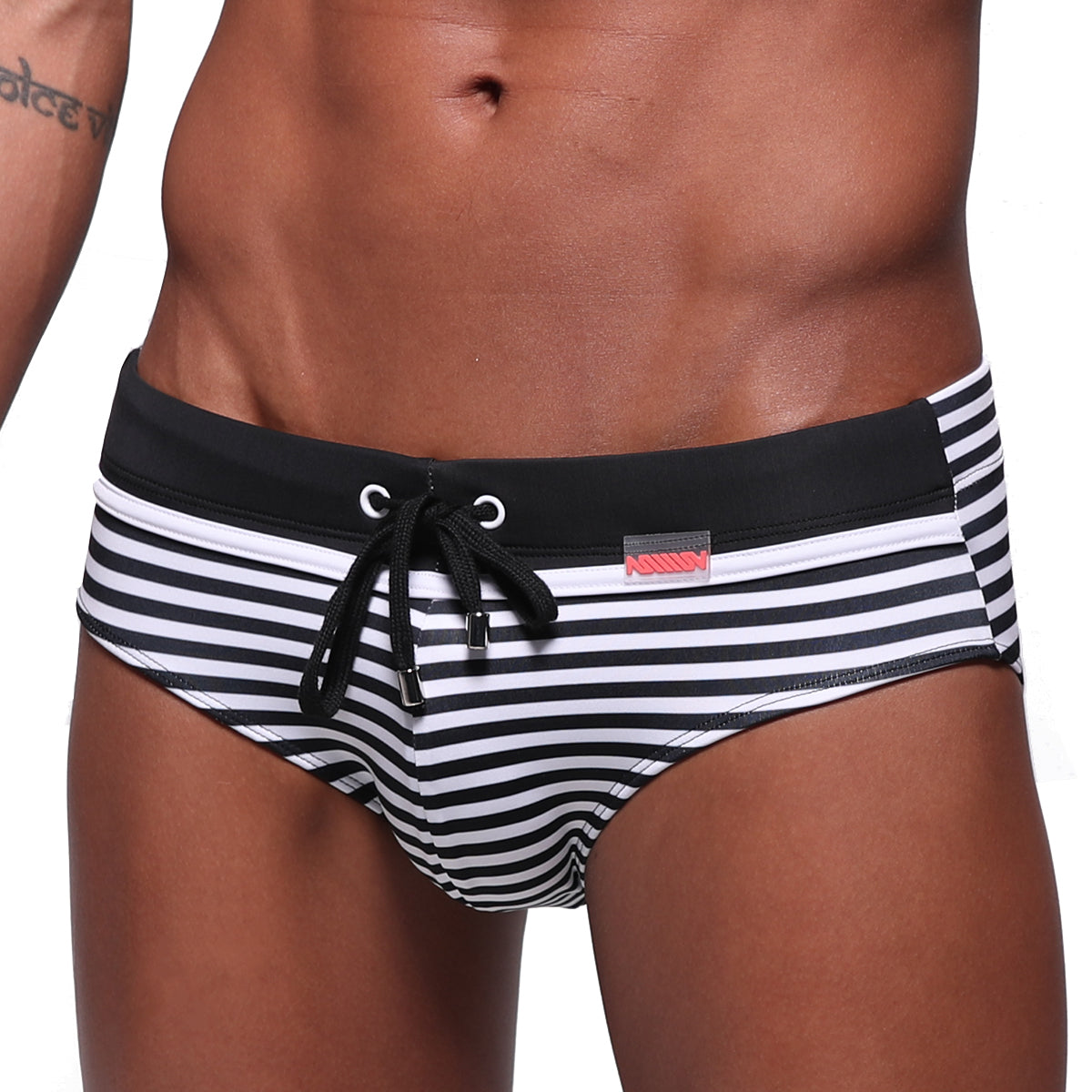 Metro male wear stripe swim brief black 4928-03 black and white striped swim trunks with adjustable drawstring and red tag