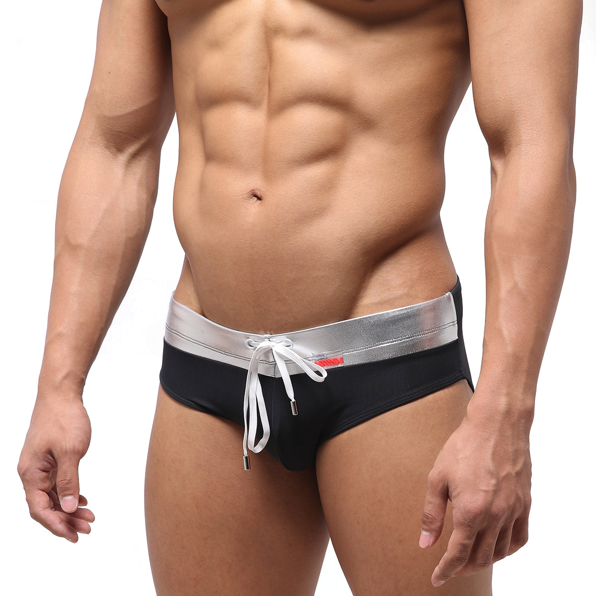 MetroMaleWear Ibiza swim brief metal silver 4928-30 black swim trunks with silver metallic waistband and white drawstring