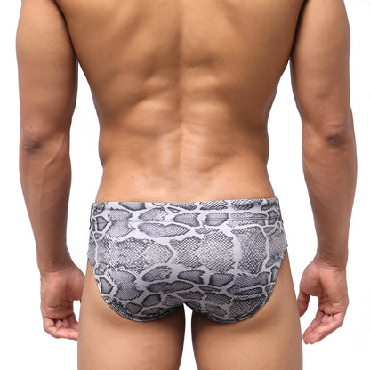 MetroMaleWear python swim brief grey with gray and black snake-scale pattern designed for swimming and beachwear