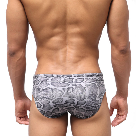 MetroMaleWear python swim brief grey with gray and black snake-scale pattern designed for swimming and beachwear