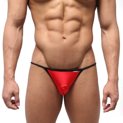 Red and black MetroMaleWear Dangerous Swim bikini with shiny stretchy fabric waistband shown from the back side