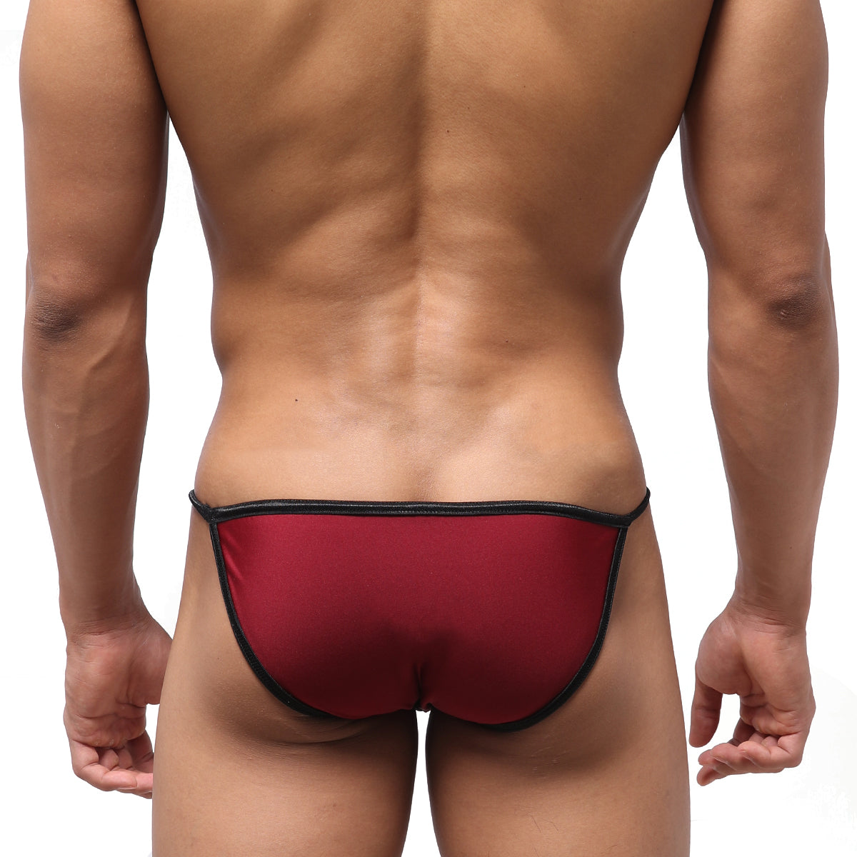 Red thong swim bikini with black trim from metromalewear dangerous swim in wine color, front view