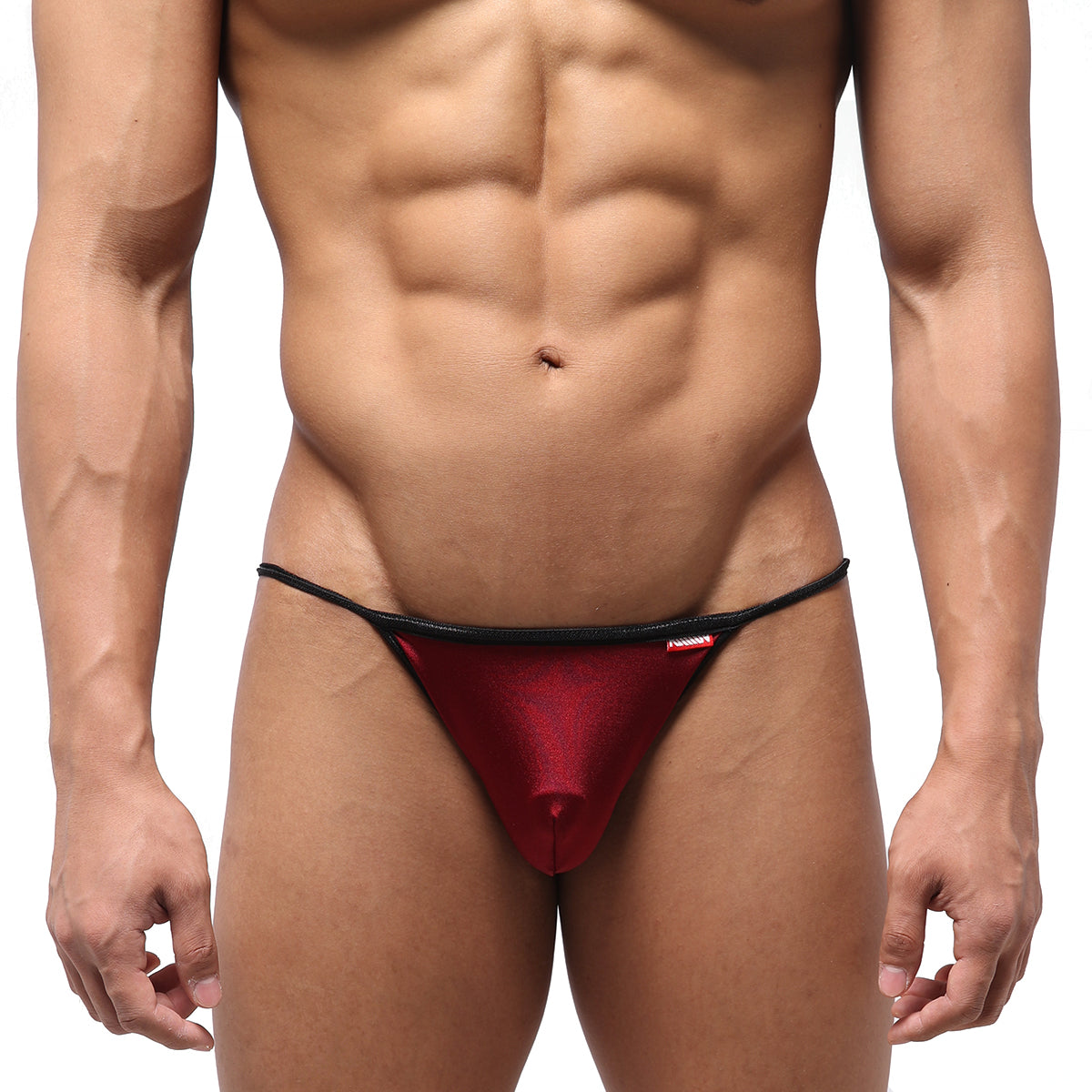 MetroMaleWear dangerous swim bikini wine red metallic thong with black trim and small red brand tag