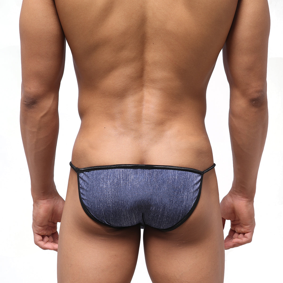 Blue denim-textured thong swim bikini with black trim from metromalewear dangerous swim line