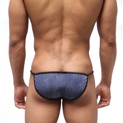 Blue denim-textured thong swim bikini with black trim from metromalewear dangerous swim line