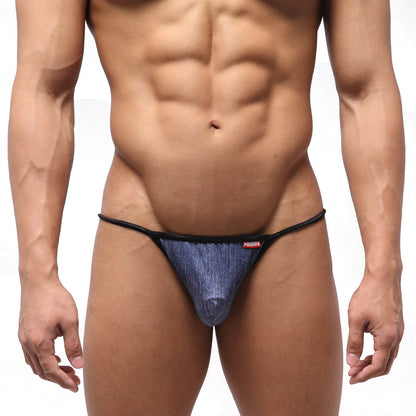 Blue denim thong swim bikini with black elastic waistband and small red logo by metromalewear dangerous 4930-60