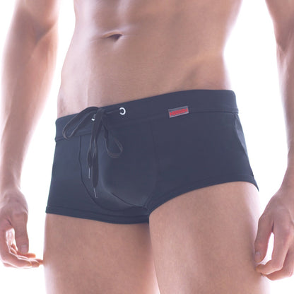 MetroMaleWear classic swim trunk black 4932-20 with drawstring waistband and small red logo on the side