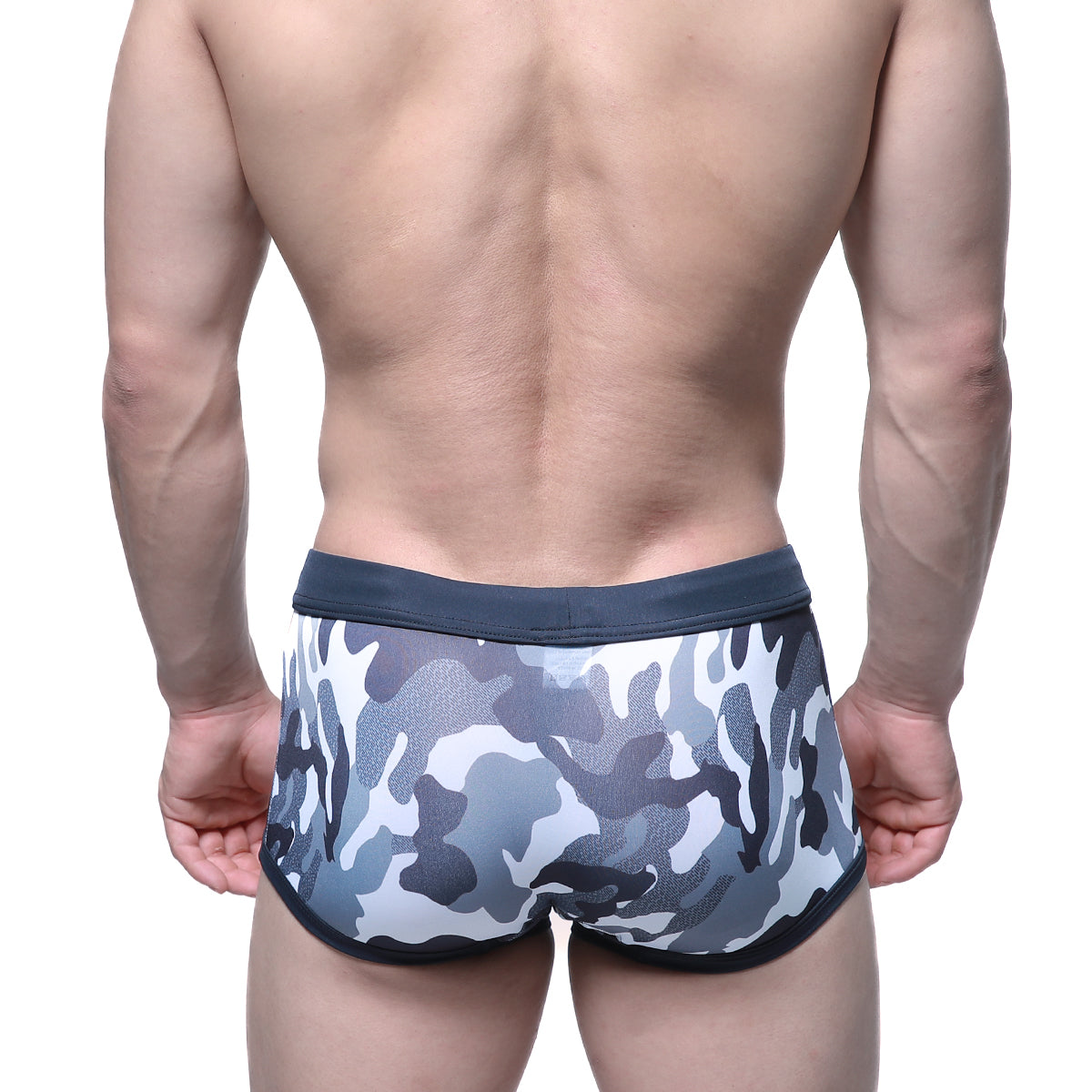 MetroMaleWear classic swim trunk briefs in gray and white camouflage with a solid dark gray waistband