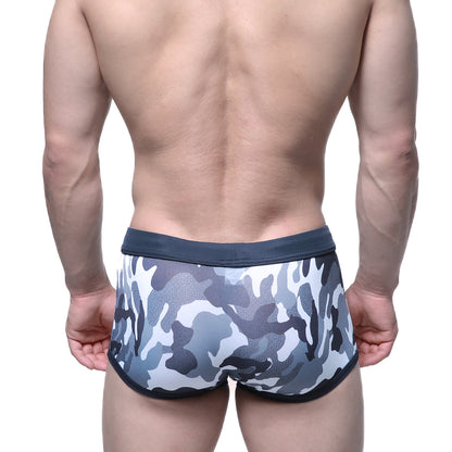 MetroMaleWear classic swim trunk briefs in gray and white camouflage with a solid dark gray waistband