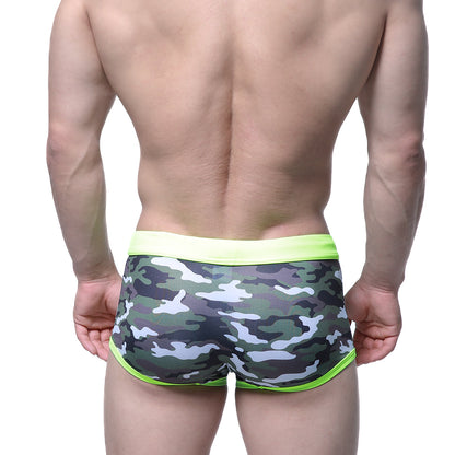 Men’s classic swim trunk camo green with neon green waistband and trim by metroMaleWear in camouflage pattern
