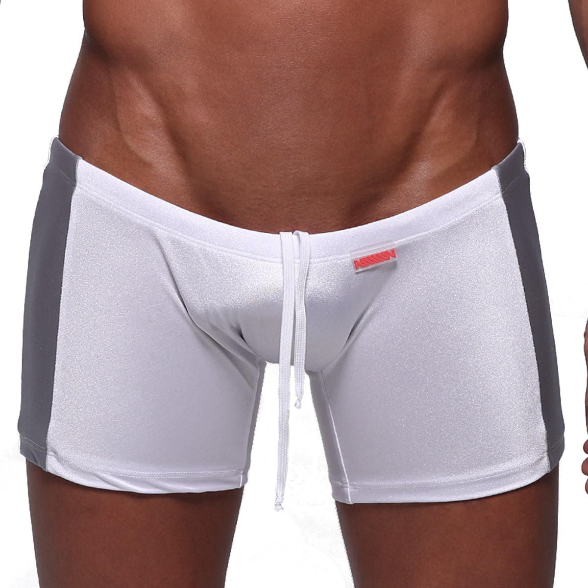White and gray MetroMaleWear Extreme Square 4933-00 athletic swim trunks with shiny textured fabric and drawstring waistband