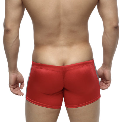 Metro male wear extreme square red metallic swim trunks with gray side panels for men