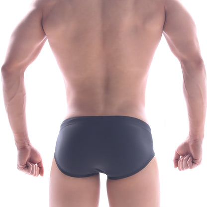 Dark gray form-fitting MetroMaleWear panel swim brief made of smooth stretchy fabric for comfortable swimwear use