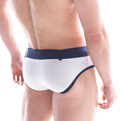 White briefs with navy blue waistband and trim from MetroMaleWear Patagonia swim brief 4936-00 for swimwear use