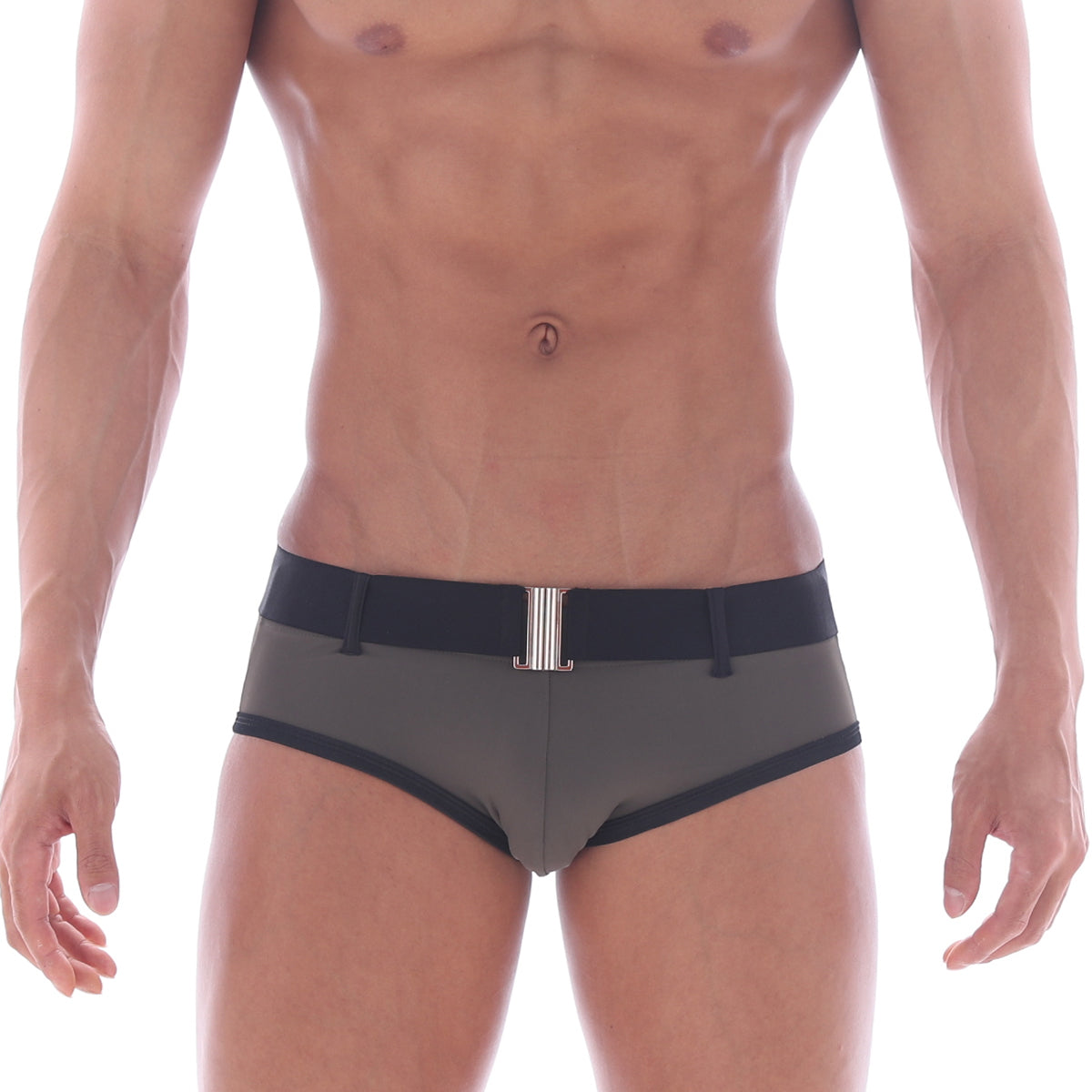 Gray metrohalewear patagonia swim brief with black trim and silver belt buckle in khaki color for swimming use