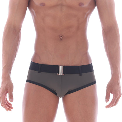 Gray metrohalewear patagonia swim brief with black trim and silver belt buckle in khaki color for swimming use
