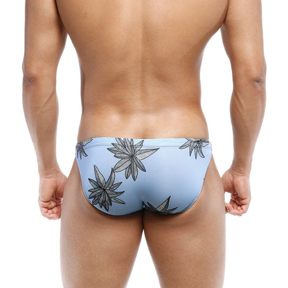 Light blue metro malewear classic swim bikini sky 4937 29 with black leaf pattern for beachwear