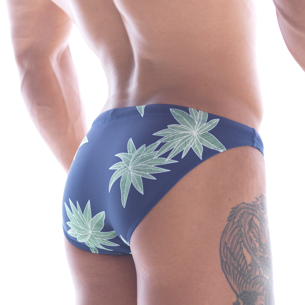 MetroMaleWear classic swim bikini beach 4937-30 navy blue trunks with light green cannabis leaf pattern for beachwear
