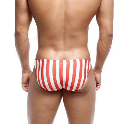 MetroMaleWear classic swim bikini with red and white vertical stripes designed for comfortable beachwear use