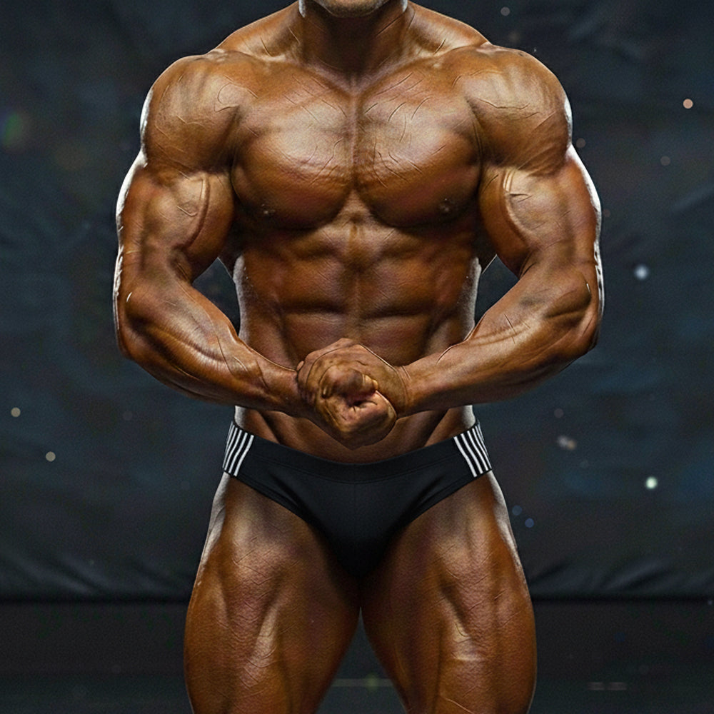 A muscular male bodybuilder wearing black metro malewear magnetic swim bikini with white stripe waistband