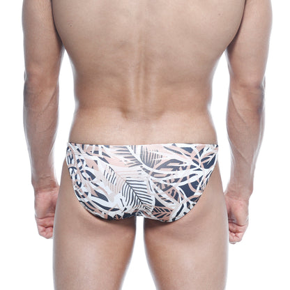Men’s metro malewear classic swim bikini hoja 4937-54 with tropical leaf pattern in white black and soft pink on stretchy fabric