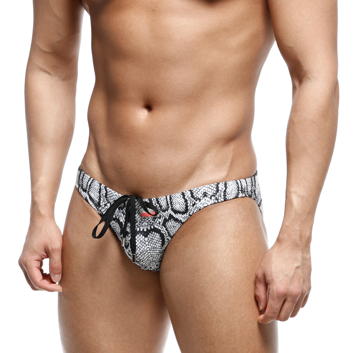 MetroMaleWear classic swim bikini snake 4937-60 in black and white snake-scale pattern with black drawstring tie