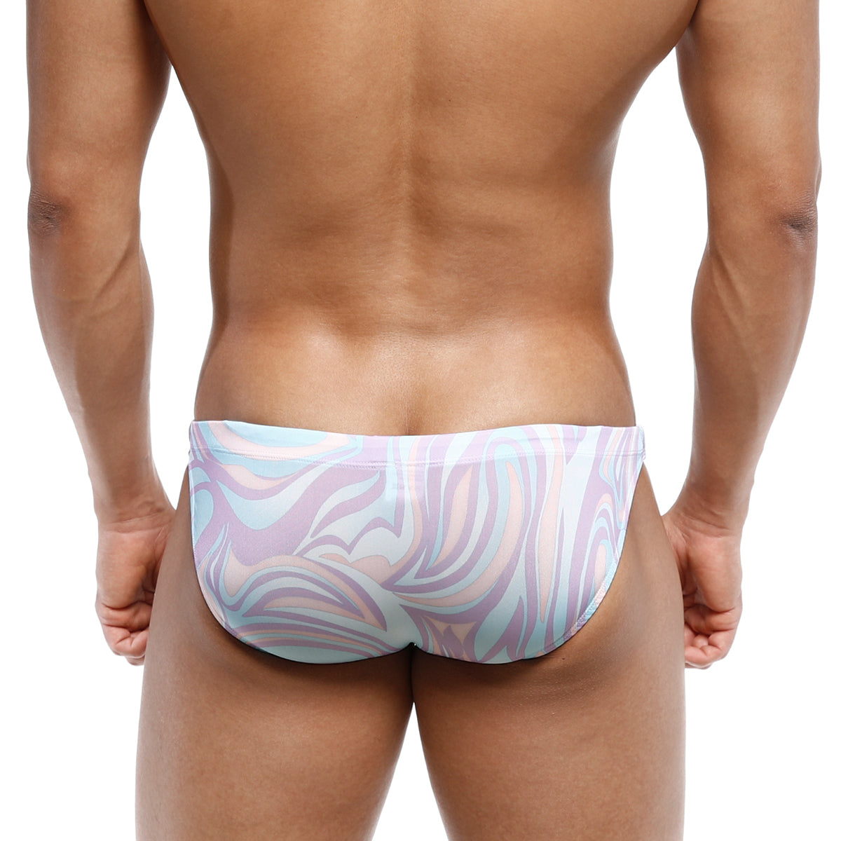 MetroMaleWear classic swim bikini swirl 4937-61 pastel swim trunks with lavender light blue and white abstract pattern